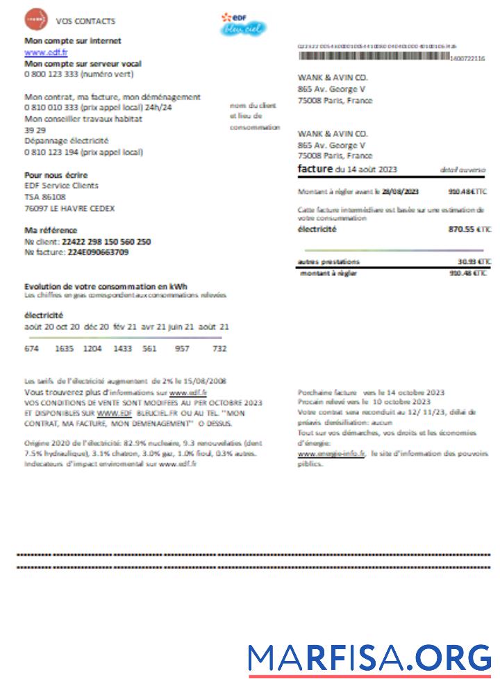 Realistic EDF France proof of address utility business bill, SCR real example